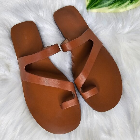 Madewell Gabi Asymmetric Strap Sandal Leather Brown Slides Flat Minimal Size 9 - Picture 1 of 10